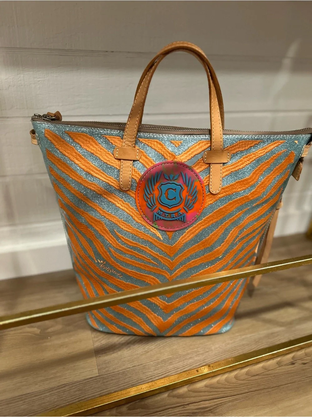 Consuela Bag Colorful Zebra-Stripe Tote Bag - Orange & Teal